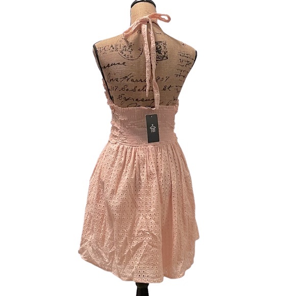 NWT Clara Story Pink Eyelet Crochet Trim Halter Dress S - Picture 3 of 3